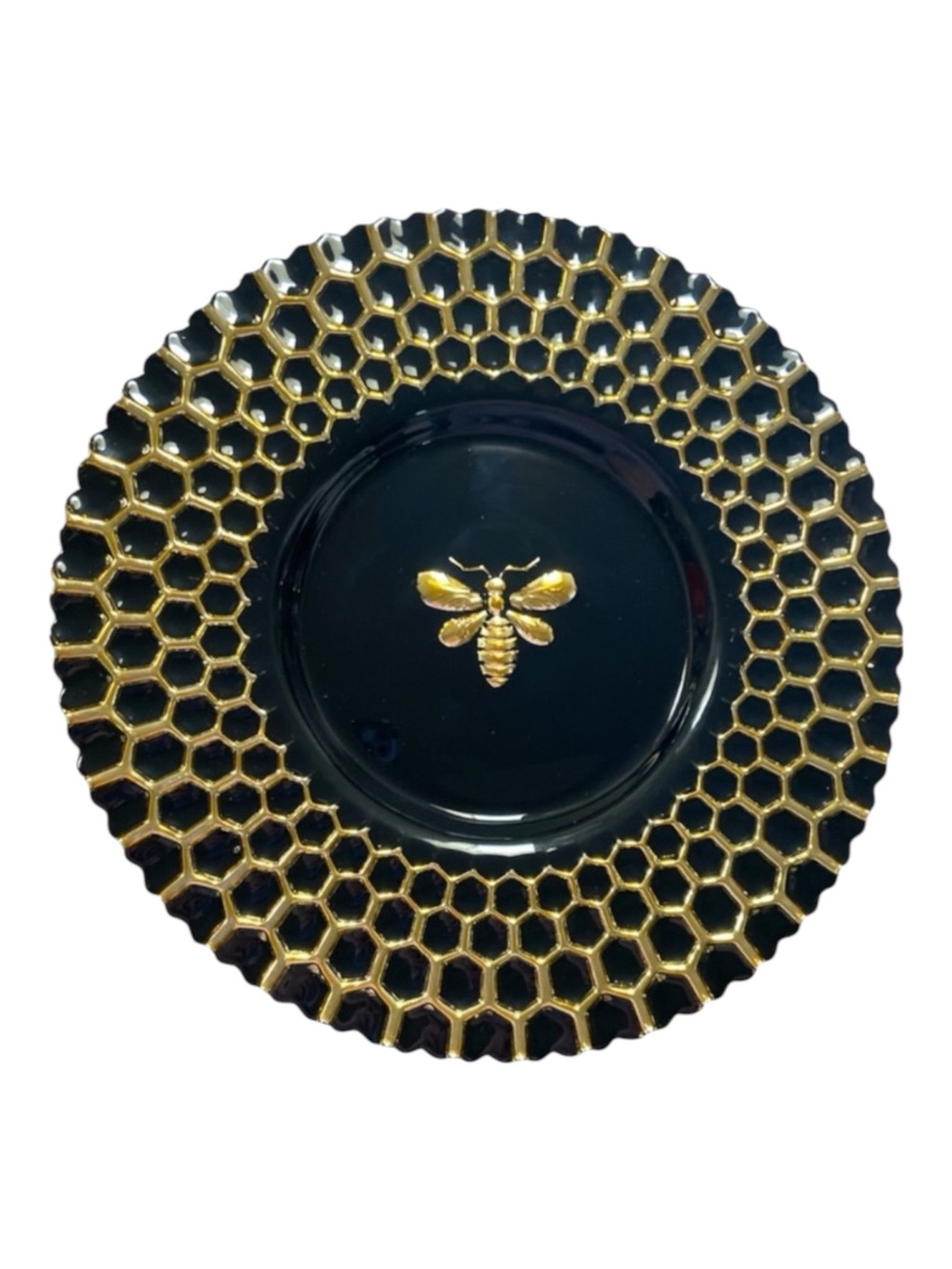 Black Gold Honeycomb Bee Charger Plate 10” Decorative Glass Metallic Finish NWT